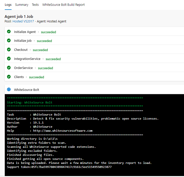 Screenshot of the build pipeline output logs